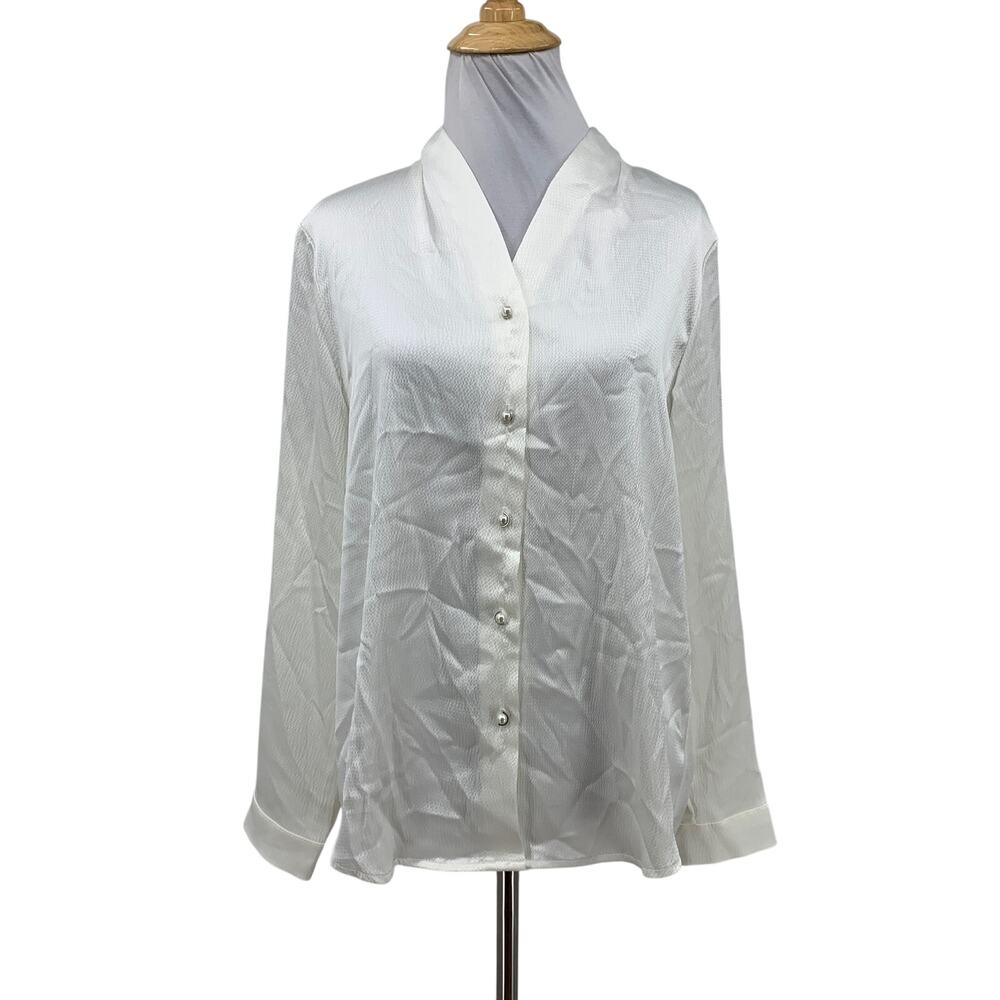 Adrianna Papell Blouse Womens S Small Ivory Sea Green V Neck MOP Button Satin